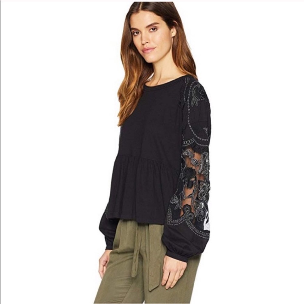 FP Black Lace Balloon Sleeve Babydoll Top FP